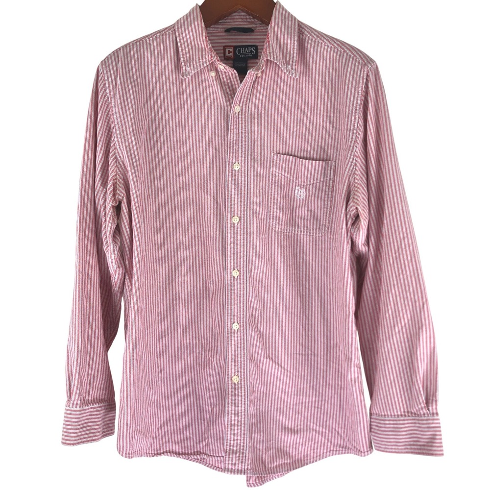 Chaps Mens Red White Striped Long Sleeve Button Down Cotton Shirt Large Preppy